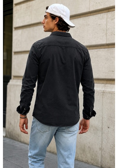 Erkek Slim Fit Siyah Kot Gömlek Çıtçıt Düğmeli Uzun Kollu Denim Gömlek