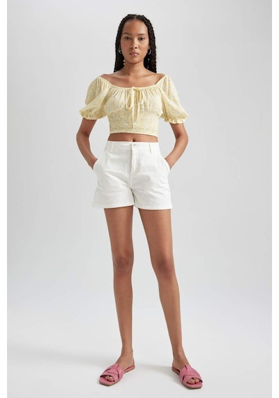 Defacto Fitted Kare Yaka Baskılı Kısa Kollu Crop Bluz B1304AX23HSYL127
