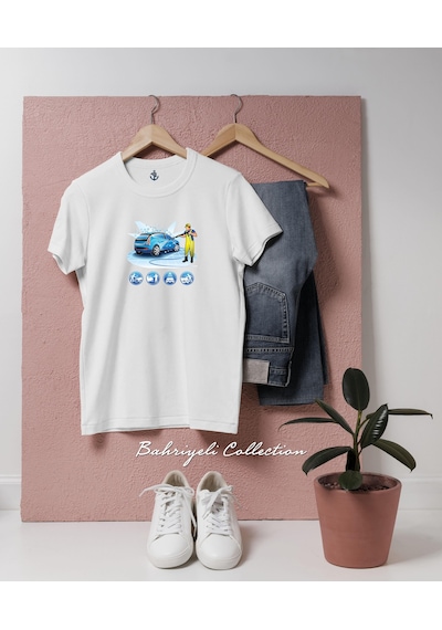 Oversize Car Wash Oto Yıkama Tasarımlı Unisex T-shirt Beyaz