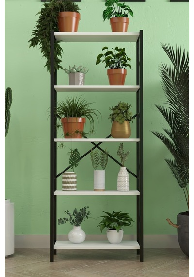5 Raflı Dekoratif Çiçeklik Raf Metal Ve Ahşap Çok Katlı Saksılık 150 Cm Beyaz