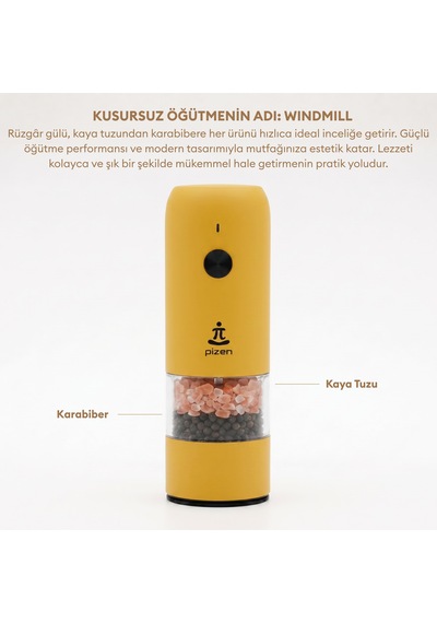 Pizen Windmill Usb Şarjlı Otomatik Baharat Öğütücü Led Işıklı Ayarlanabilir Tuz Karabiber Değirmeni Sarı