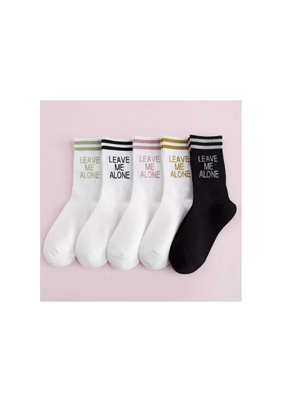 Worthy Socks 5 Çift Unisex Beyaz 'leave Me Alone' Yazılı Pamuklu Tenis Kolej Çorap Beyaz-siyah