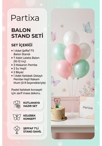 Peri Bahçesi Konseptli Kelebek Rakamlı Pasta Mumu & Balon Stand Seti - Pembe Yeşil Doğum Günü Süsleme Tüm Yaşlar