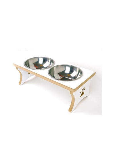 Köpek Su Ve Mama Kabı Standı - Büyük Irk - Beyaz Mdf - 2'li Model - Çelik Kase - 2 1000ml