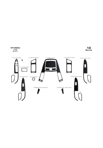 Hyundai İ30 Torpido Kaplama 2008 18 Parça Siyah Karbon