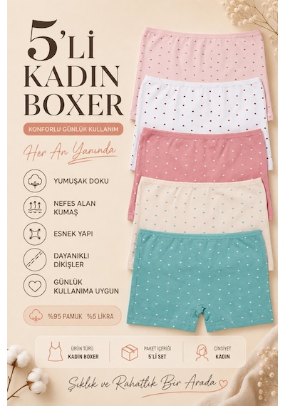 Nicoletta Kadın Boxer Külot 5 Li Paket Pamuklu Likralı Kalpli çok Renkli