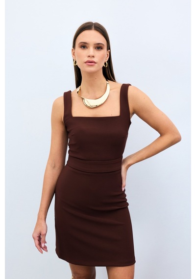 Sateen Kare Yaka Crop Bluz - Kahve