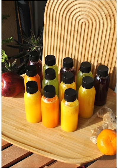 Qualitev 12 Adet Siyah Sızdırmaz Kapaklı Plastik Şişe 100 Ml Ginger Shot Detoks Meyve Şat Şişesi Siyah
