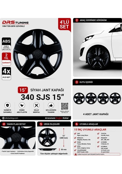 Alfa Romeo Uyumlu 15 Inc Kırılmaz Parlak Siyah Jant Kapağı 1 Takım 4 Adet No:340