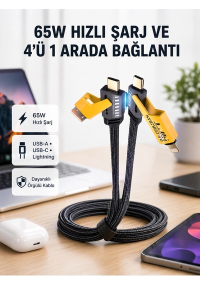 Usb-c Usb-a 4 Ü 1 Arada Örgülü Kablo 65w Hızlı Şarj Metal Uç Dayanıklı 47470288