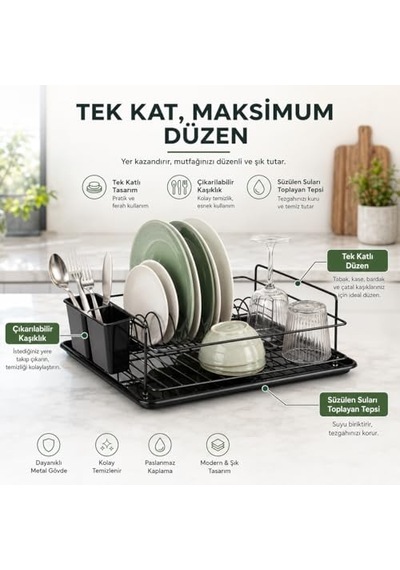 Alper Banyo Ömür Boyu Paslanmaz Siyah Bulaşıklık Bulaşık Süzgeci Tek Katlı Tabaklık Termo Plastik Kaplama 50 x 22