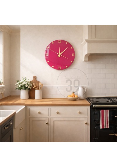 Dekoratif Epoksi Duvar Saati 40 Cm, Fuşya Pembe Modern Tasarım, Altın Detaylı, Sessiz Mekanizma, Yeni Ev Hediyesi Pembe