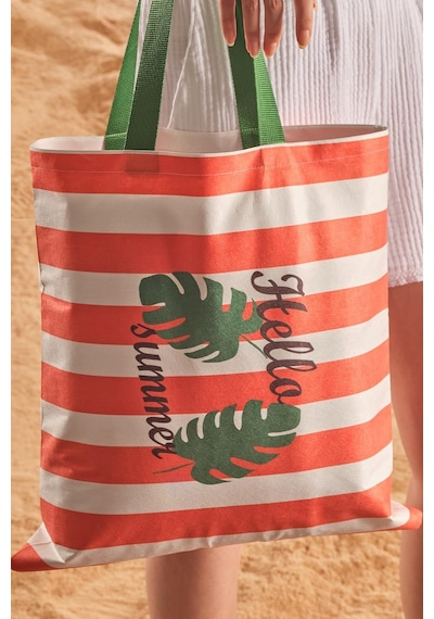 Hello Summer Desen Baskılı Plaj Çantası Kırmızı