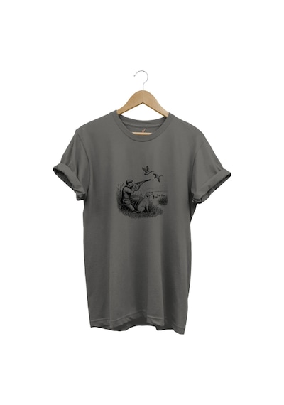 Hunting Avcılık Ördek Avı Baskılı Avcı Ve Av Köpeği Regular Fit Bisiklet Yaka T-shirt Gri