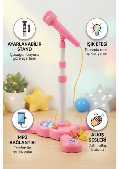 Işıklı Ve Ayarlanabilir Çocuk Mikrofonu Küçük Yıldızlar Sahneye Pembe