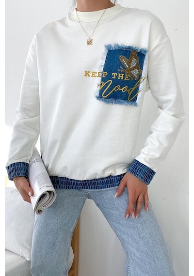 Femelle Kadın Beyaz Etek Ucu Ve Bilekleri Kot Detaylı Kelebek Taşlı Pamuk Sweatshirt