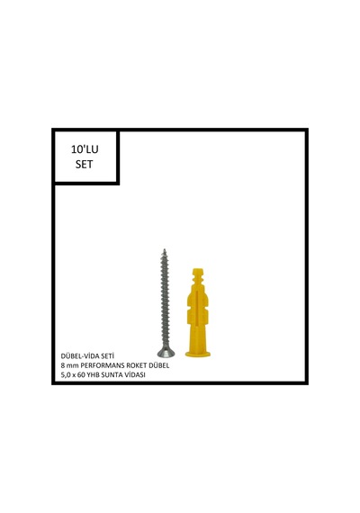 Dübel-vida Seti, Performans Roket Dübel 8 Mm, 5,0x60 Yhb Sunta Vidası, 10 Adet
