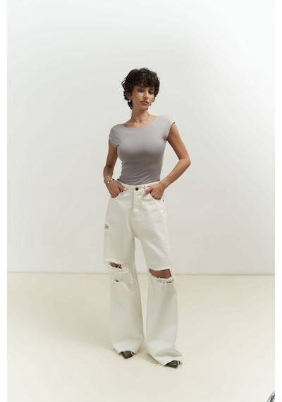 Mai Collection 2738 - Nives Sırt Dekolteli Gri Crop Gri
