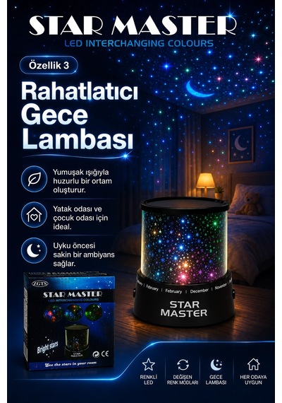 Oda İçin Yıldız Efektli Led Gece Lambası Renkli Işık Yansıtan Dekoratif Projektör Çok Renkli