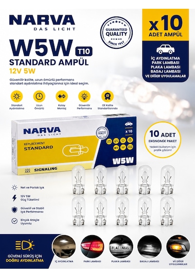 T10 W5w Standart Park Plaka İç Aydınlatma Ampulü 12v 5w 10 Adet  Cam Ampul