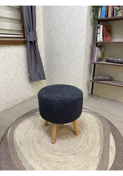 Asedia Miskin Naturel Teddy Antrasit Ahşap Ayaklı Peluş Puf Makyaj Koltuğu Yuvarlak Tabure