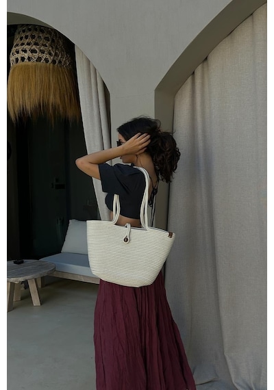 Shule Bags Vossa Handmade Düğmeli Hasır Omuz Çantası Krem Krem