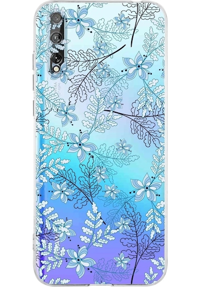 Huawei P Smart S Kamera Korumalı Kapak Floral Mavi Tasarımlı Şeffaf Kılıf