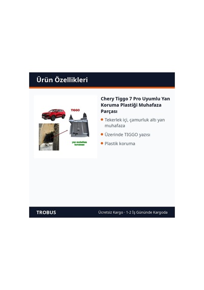 Trobus Chery Tiggo 7 Pro Uyumlu Yan Koruma Plastiği Muhafaza Parçası