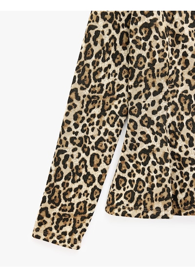 Koton Slim Bisiklet Yaka Uzun Kollu Leopar Desenli Peplum Hırka Bej Desenli 7wak30126ek Ekru