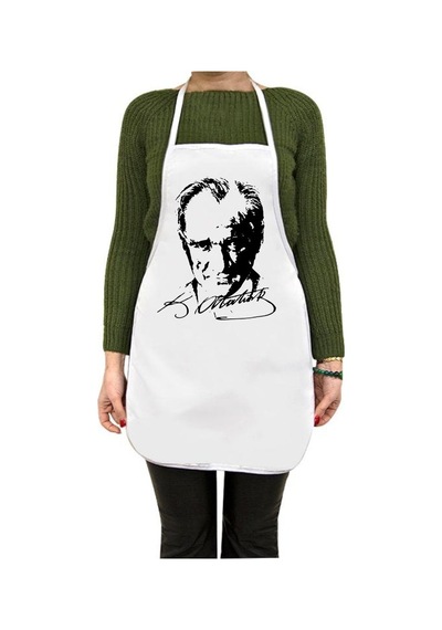 Atatürk Portreli Ve İmzalı Beyaz Mutfak Önlüğü