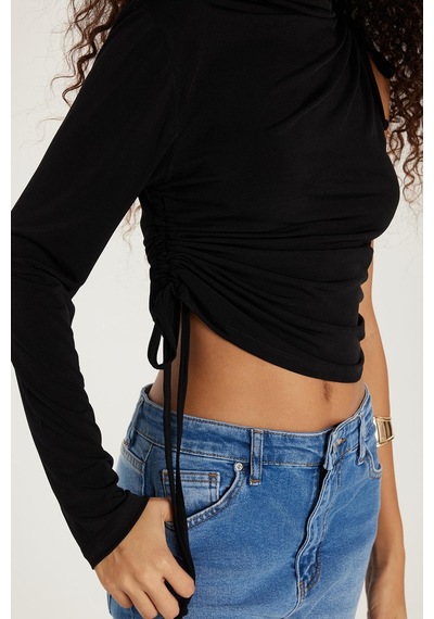 Tudors Kadın Slim Fit Dar Kesim Tek Kollu Yandan Bağcık Detaylı Siyah Bluz-33454 Siyah