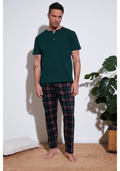 Buratti Ekoseli Pamuklu Beli Lastikli Regular Fit Kısa Kollu Erkek Pijama Takımı 6572004 Yeşil