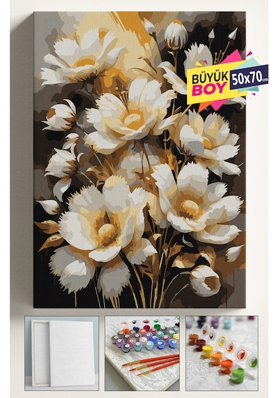Sayılarla Boyama Seti Numaralı Tuval Fırça Boya Dahil Kasnaklı Set 50x70 Cm - Gold Çiçek