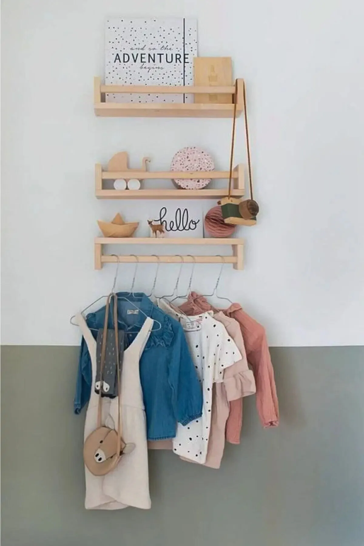 Montessori Kitaplık Çocuk Bebek Odası Rafı Ahşap Kitaplık Askılık 40 CM 3lü Ters Düz Raf