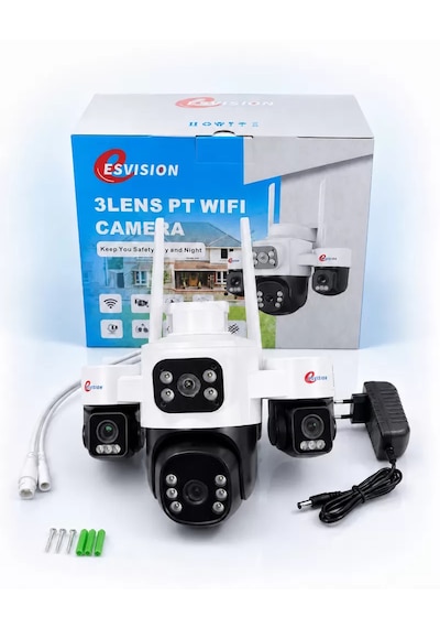 İcsee 9001 9mp 3 Lens Wifi Güvenlik Kamerası, Motorlu Gece Görüşlü Dış Mekan Kamera, 32gb Kart Ve Adaptör