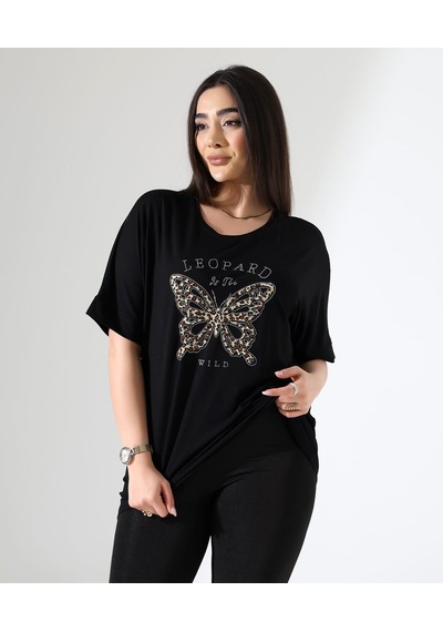 Elaxi Leopar Kelebek Desenli Bluz Siyah