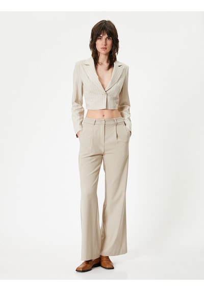 Koton Crop Blazer Ceket Uzun Kollu Bej Çizgili 4sak50080pw Ekru