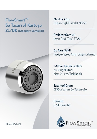 Flowsmart Su Tasarruflu Aeratör 2 L/dk %90 A Varan Su Tasarrufu M22 Miks & Kuğu Batarya Uyumlu