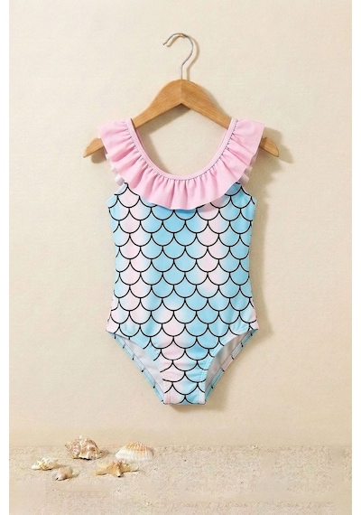 Zuzunga Kız Çocuk Mermaid Desenli Fırfırlı Mayo Mavi-pembe