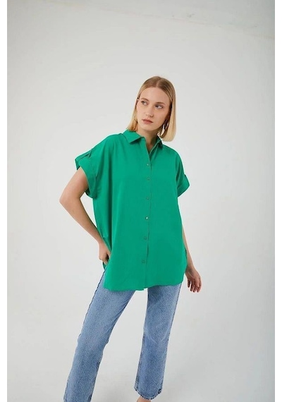 Mixray 3967 Kadın Apoletli Kısa Kol Oversize Gömlek Yeşil