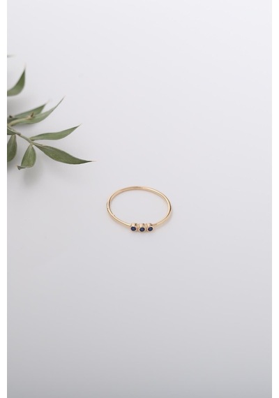 14 Ayar Altın Üç Taşlı Minimal Lacivert Yüzük Sarı Altın