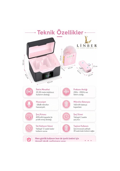 Kablosuz Tüylü Pembe Yaka Mikrofonu 1 Alıcı 2 Verici Şarj Kutulu Dijital Ekranlı 2.4g Gürültü Azaltmalı Type-c Lightning Uyumlu Mikrofon Seti