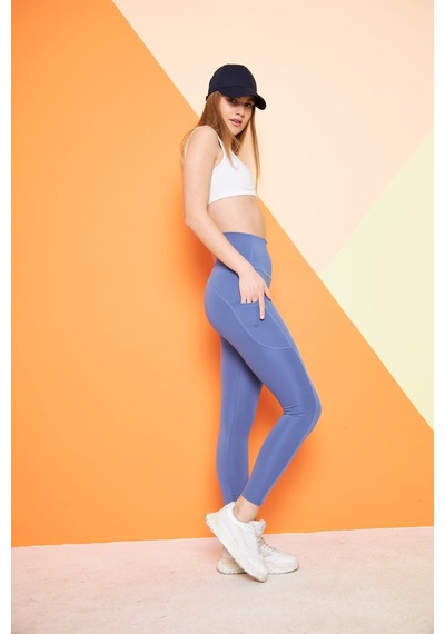 Thıff Gymwear Yüksek Bel Sıkılaştırıcı Toparlayıcı Push-up Çift Cepli Bilek Hizasında Spor Tayt Mavi