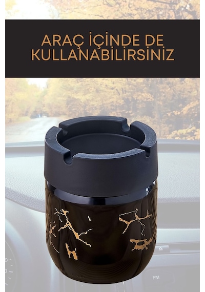 Grimorlife Siyah Mermer Desenli Dekoratif Cam Kokusuz Küllük Kül Tablası 425 Cc