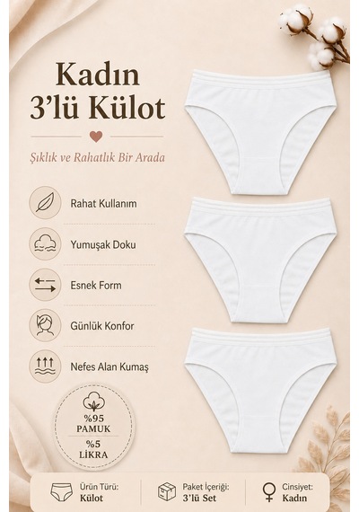 Nicoletta Kadın Külot 3 Lü Paket Likralı Pamuklu Beli Geniş Lastikli Transparan Şeffaf Beyaz