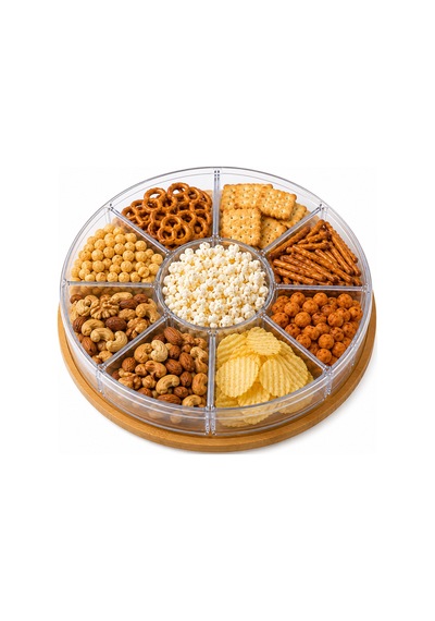 %100 Bambu Tabanlı 9 Bölmeli Çerezlik, Atıştırmalık Sunum Tabağı- Şeffaf Plastik Bölmeli Ve Plastik Kapaklı Bej