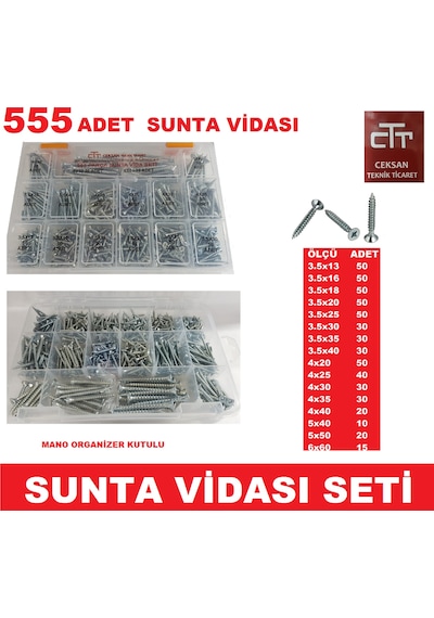 Sunta Vidası Seti 555 Parça Ahşap-Plastik-Dübel V.B Vida Seti N11.27912