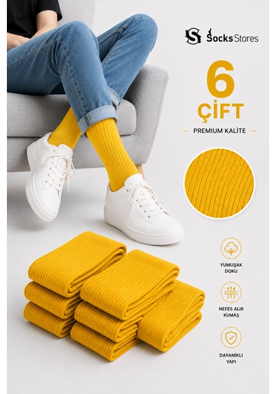 Socks Stores 6 Çift Unisex Renkli Pamuklu Soket Çorap - Renkli Tenis Boy Çorap Sarı