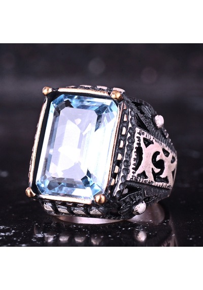 Kambo El Yapımı 925 Ayar Gümüş Mavi Topaz Taşlı Erkek Yüzük - 17 Gr