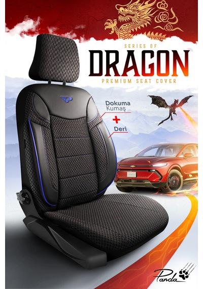 Siyah - Mavi Panda Dragon Serisi Dokuma Kumaş Oto Koltuk Kılıfı - Tam Set